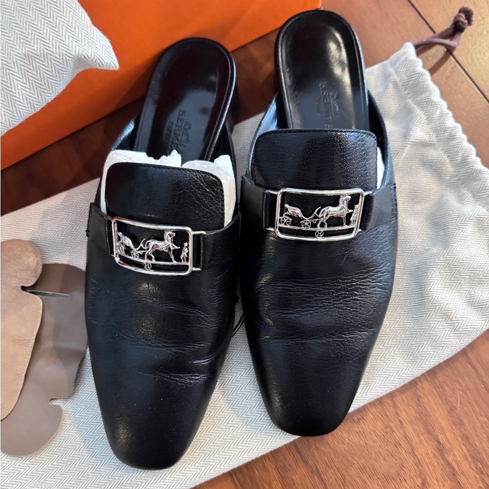 Hermes Black Leather Mules, IT 38 - Rare Equestrian Buckle